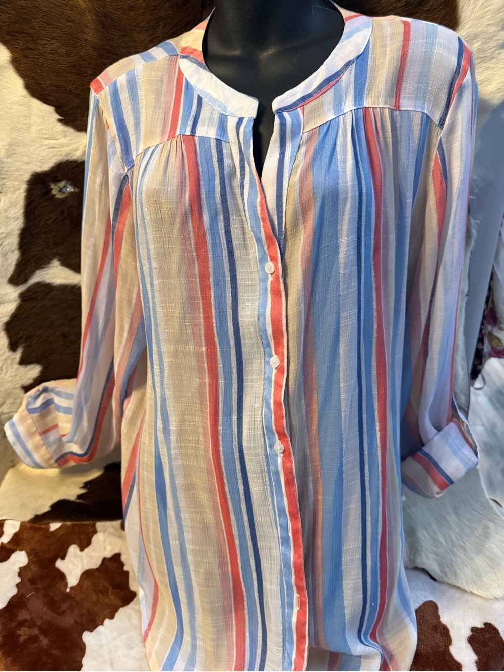 Zac & Rachel Striped Button-Front Tunic in Blue, Coral & Cream